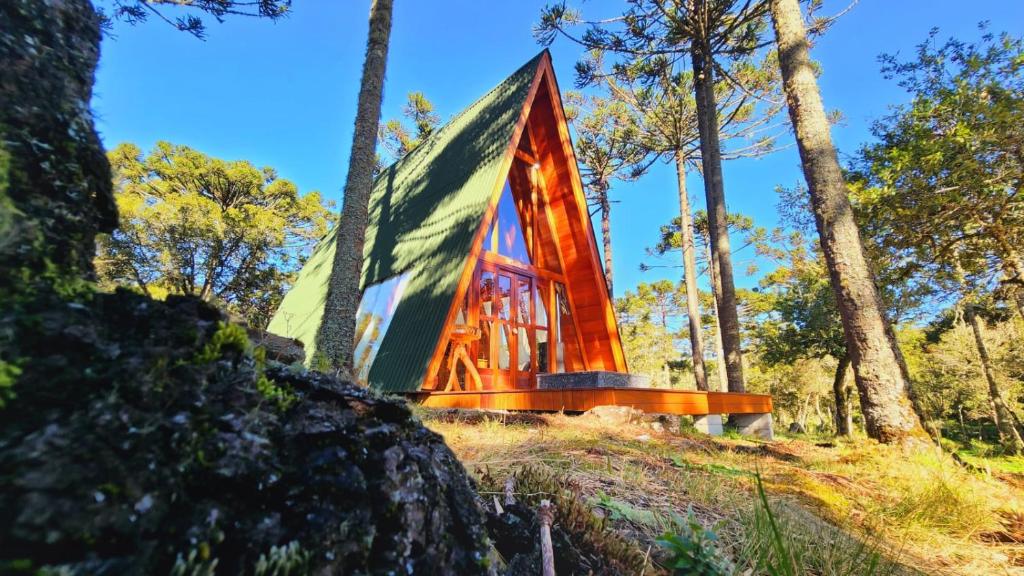 Cabana de estrutura em A da Pousada Maçã Araucária com paredes frontais de vidro, cercada por árvores altas e luz solar filtrada pela floresta.
