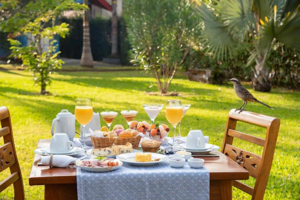 Uma mesa de madeira posta com café da manhã e bebidas ao ar livre, com um pássaro empoleirado em uma das cadeiras em um jardim ensolarado, na propriedade da Pousada Déllis.