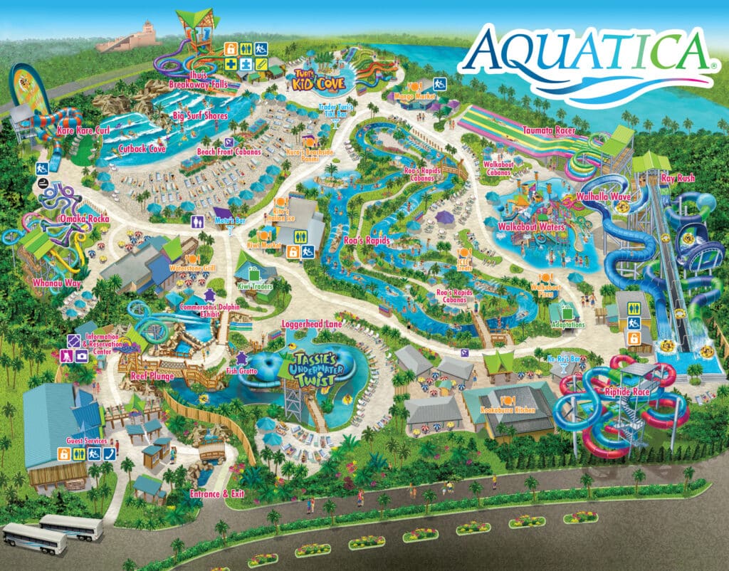 Mapa ilustrado e colorido do parque aquático Aquatica Orlando mostrando piscinas, escorregadores, lazy rivers, cabanas, restaurantes e a entrada principal.