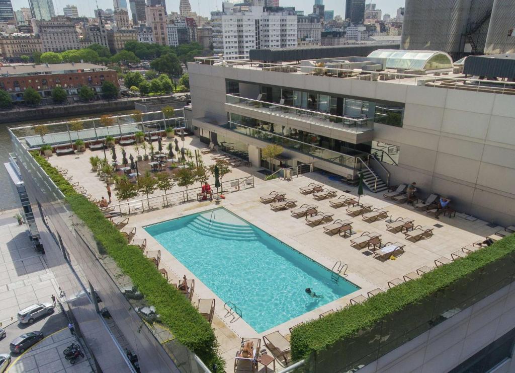 Área da piscina na cobertura com espreguiçadeiras, pessoas nadando e prédios da cidade ao fundo durante o dia, na propriedade do Hilton Buenos Aires, para representar os melhores hotéis em Buenos Aires.