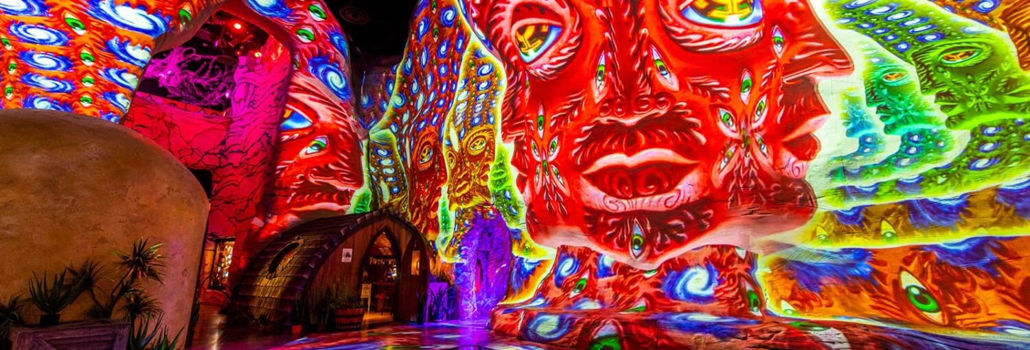 Sala com murais psicodélicos vívidos de rostos e olhos coloridos cobrindo paredes altas; estruturas semelhantes a chalés à esquerda. Imagem para ilustrar o post sobre ingresso da Meow Wolf's Omega Mart.