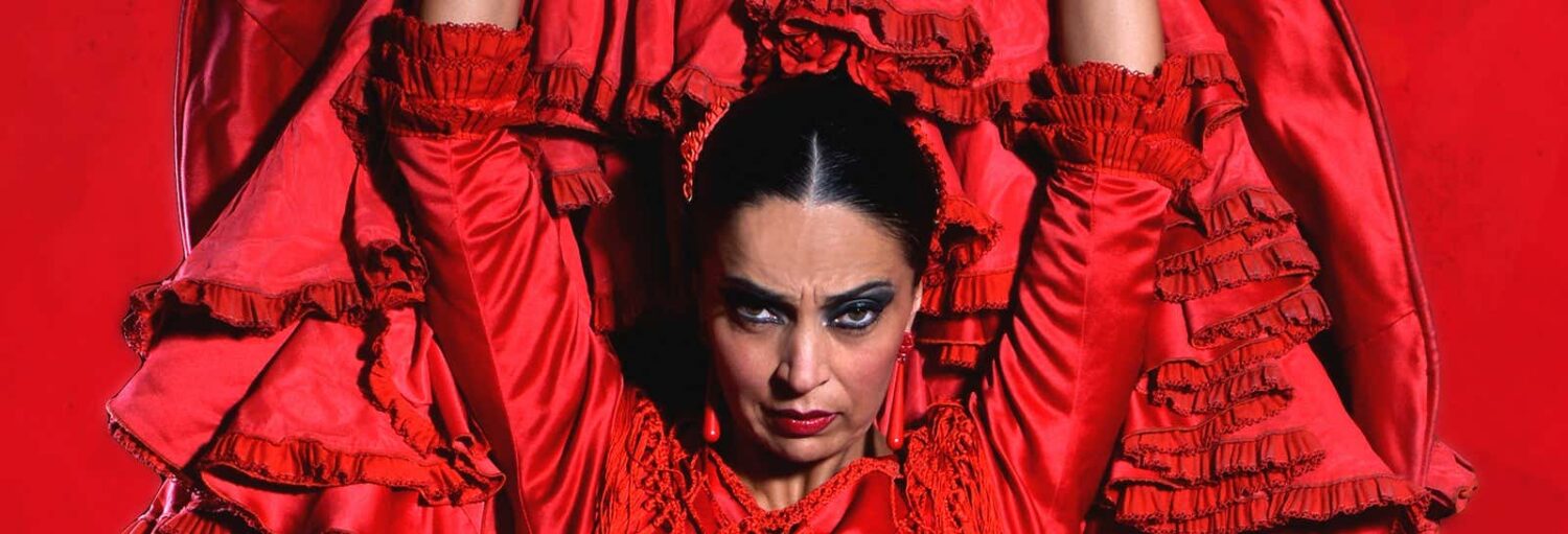 Uma mulher com um vestido vermelho brilhante com babados segura um tecido acima da cabeça contra um fundo vermelho, olhando diretamente para a câmera. A imagem ilustra o post sobre Espetáculo no Teatro Flamenco.