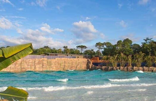 As ondas rolam em uma praia artificial ladeada por palmeiras, com um paredão rochoso e um céu azul ao fundo. - Excursão ao parque aquático Blue Park