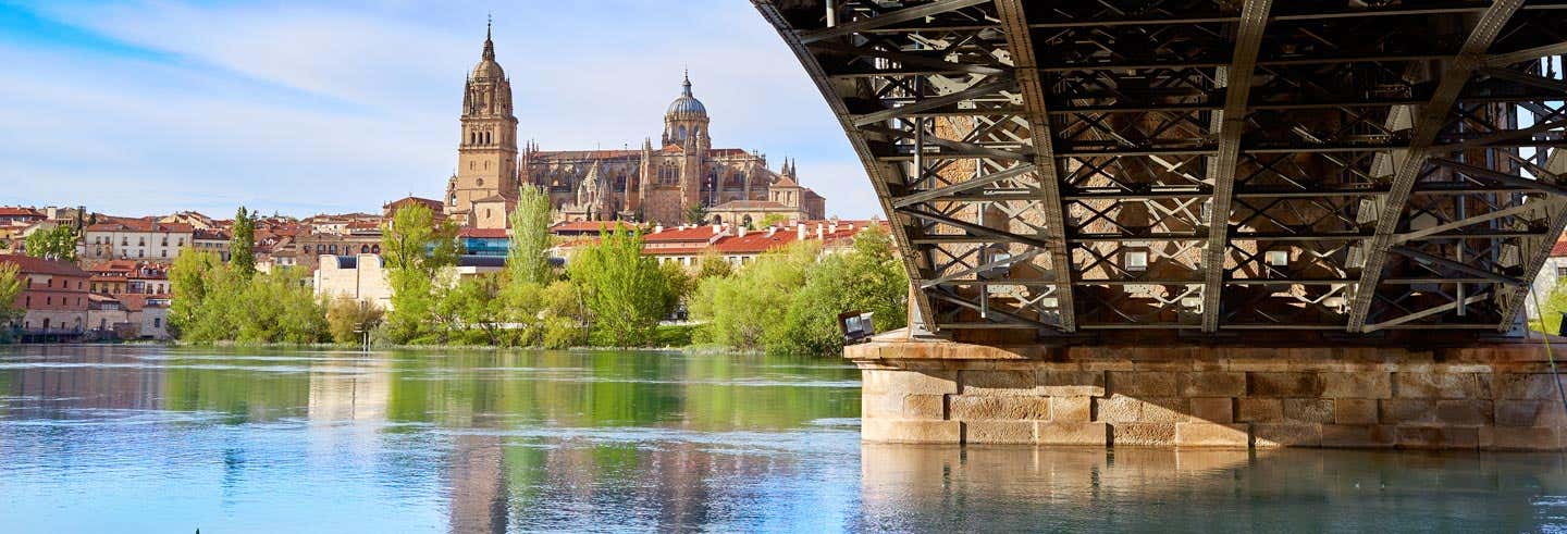 Uma grande ponte de metal atravessa um rio calmo, com uma catedral histórica e edifícios da cidade visíveis ao fundo. A imagem ilustra o post sobre Excursão privada saindo de Madrid.