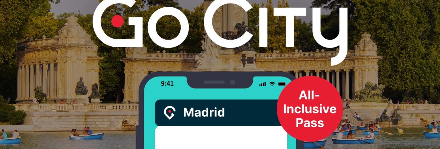Anúncio da Go City para um passe com tudo incluído em Madri, com parque e barcos a remo ao fundo. A imagem ilustra o post sobre Go City Madrid All Inclusive.