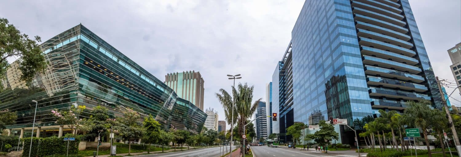 Ampla rua ladeada por modernos edifícios de escritórios de vidro e palmeiras sob um céu nublado em uma área urbana. A imagem ilustra o post sobre Tour privado da arquitetura de São Paulo.