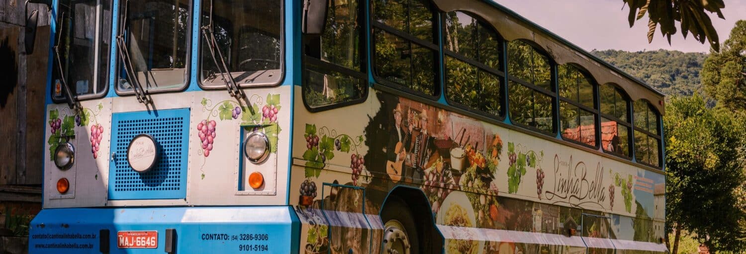 Um ônibus de turismo decorado com gráficos de uvas e vinhedos estacionado ao ar livre, com vegetação e colinas ao fundo. - Tour da cultura italiana por Gramado + almoço