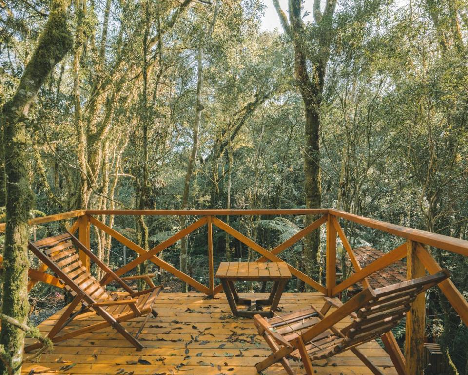 Deck de madeira com duas espreguiçadeiras e uma pequena mesa, cercado por uma densa floresta verde e árvores, na propriedade da KŌN - Pousada Romântica, para representar pousadas em São Francisco de Paula.