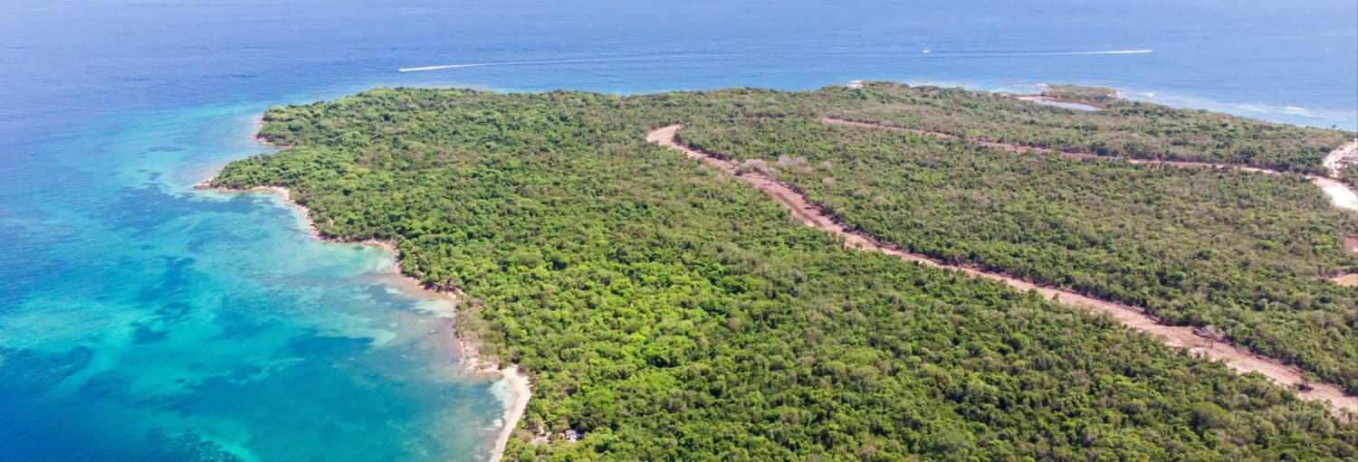 Vista aérea de uma ilha verde e arborizada com caminhos sinuosos de terra, cercada por água azul do oceano. Imagem para ilustrar post sobre o mergulho nos barcos naufragados de Barú.