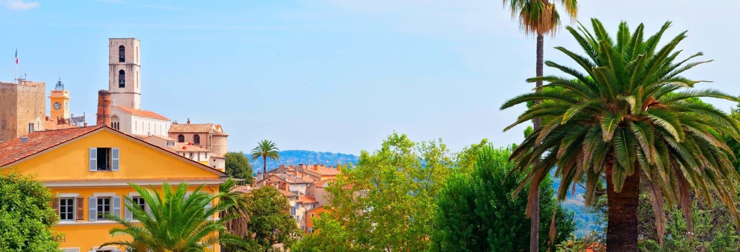 Prédios amarelos, uma torre de igreja, palmeiras e vegetação sob um céu azul em uma cidade mediterrânea. - Excursão a Grasse + Degustação de vinhos