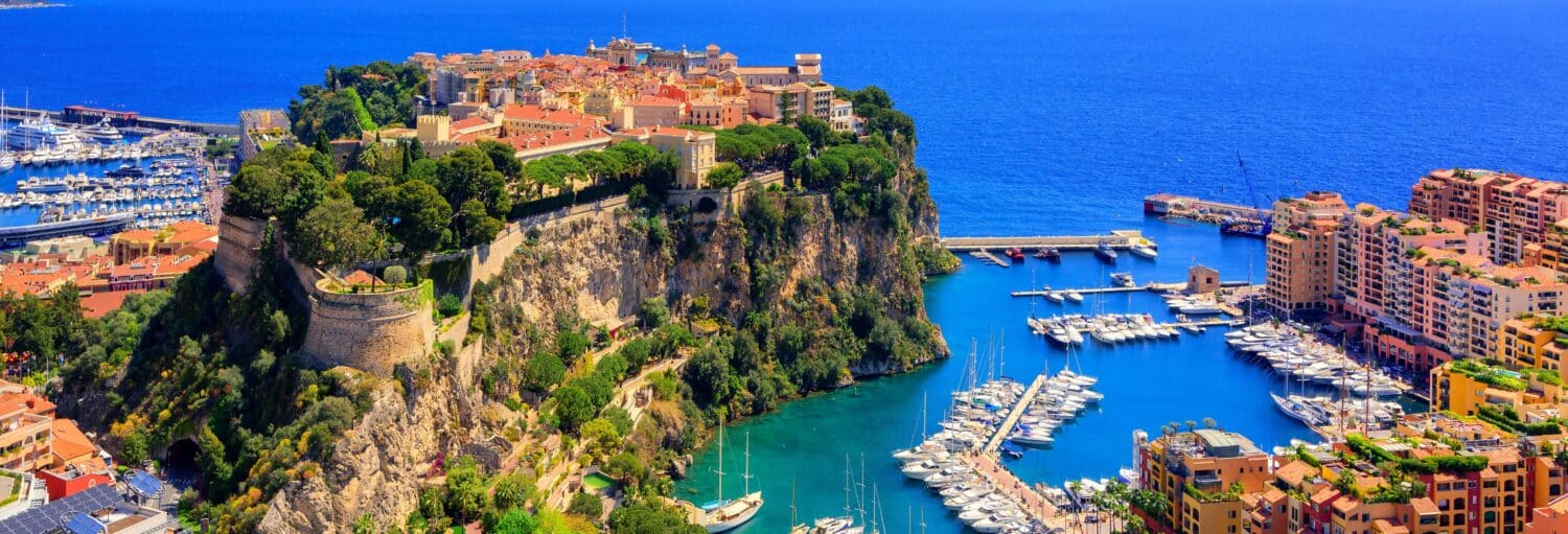 Uma paisagem urbana litorânea com um promontório rochoso, marina com iates, edifícios e mar azul sob um céu claro. - Excursão a Mônaco de trem