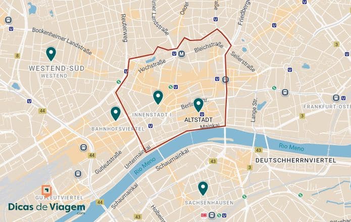 Mapa mostrando os distritos da cidade de Frankfurt, Alemanha, com a área de Altstadt destacada em vermelho perto do centro da cidade.
