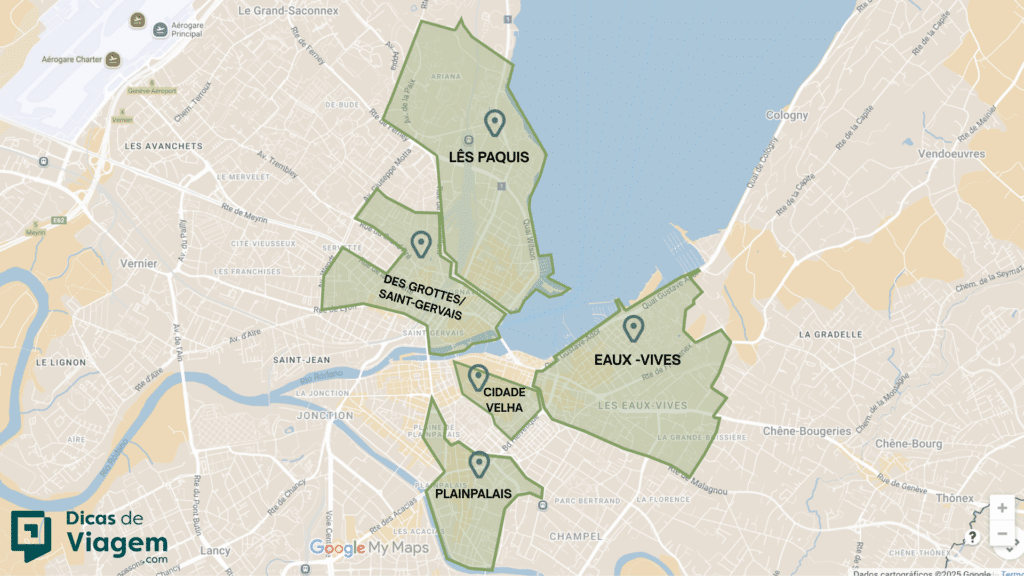 Mapa de Genebra com cinco bairros destacados: Lés Paquis, Eaux-Vives, Plainpalais, Cidade Velha e Des Grottes/Saint-Gervais.