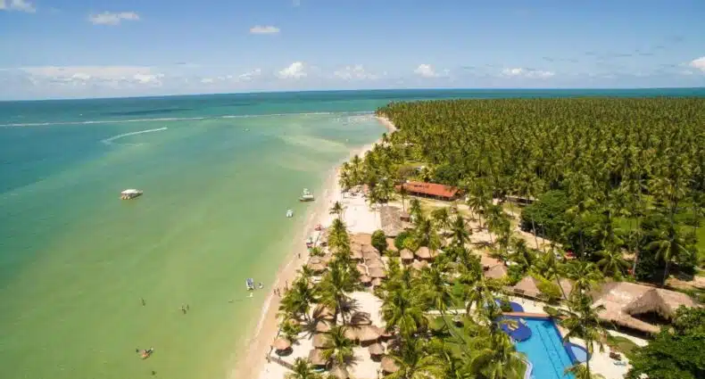 Vista aérea de uma praia tropical com palmeiras, costa arenosa, piscina azul e pessoas na água e na praia. Essa é a visão aérea da Pousada Praia dos Carneiros, uma das dicas de onde ficar na Praia dos Carneiros.