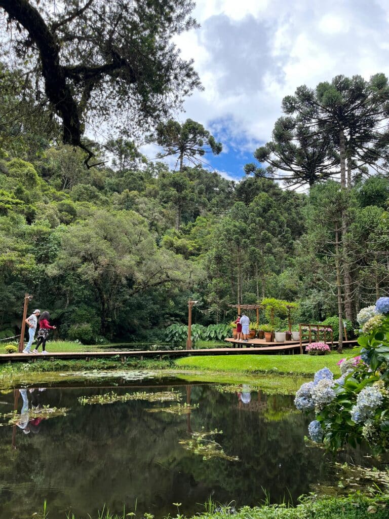 Lago em área verde com deck de madeira e pessoas caminhando, Campos do Jordão - SP
