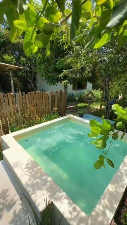 Piscina de tamanho médio em quintal arborizado com folhagem verde e cerca de madeira rústica da Pousada Céu de Corumbau.
