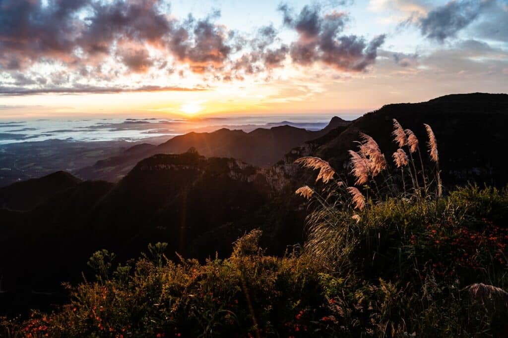 Bela imagem do pôr do sol sobre a paisagem montanhosa. Vales distantes envoltos em névoa azul sob um céu dramático com nuvens alaranjadas. Altas gramas movimentadas pelo vento no primeiro plano, em Bom Jardim da Serra em Santa Catarina, para representar onde ficar na Serra Catarinense.