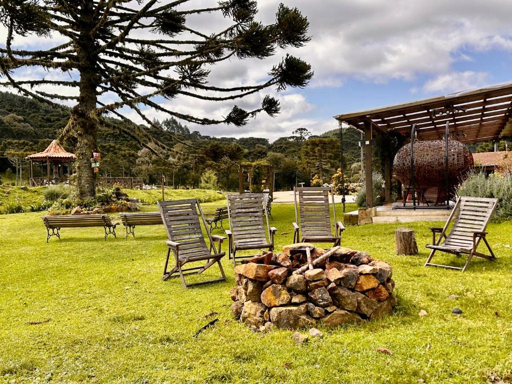 Jardim de retiro tranquilo com bancos de madeira, fogueira e grandes árvores de pinheiro no fundo, na Pousada Rural Vista Alegre.