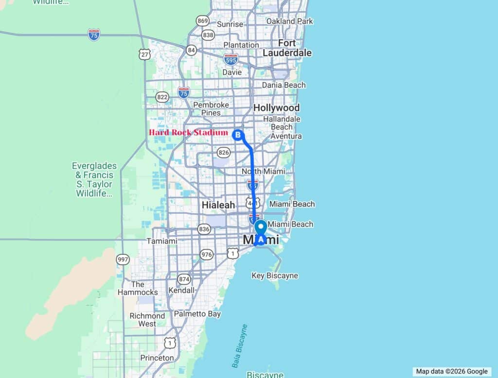 Mapa de Miami e arredores, destacando principais bairros e atrações como Hard Rock Stadium, Dania Beach, Hollywood e Miami Beach.