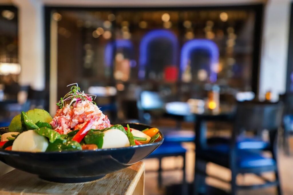 Prato de salada colorido do Wild Sea Las Olas, com folhas verdes, tomates, cebola roxa e um toque de molho vermelho, servido em um ambiente de restaurante com luminárias azuis ao fundo.