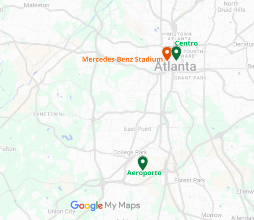 Mapa da região de Atlanta, Estados Unidos, mostrando o Mercedes-Benz Stadium e o Aeroporto Internacional de Atlanta.