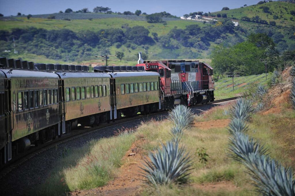 Trem de passageiros verde-oliva em trilhos de ferrovia passando por paisagem rural montanhosa com vegetação verde, conhecido como Trem da Tequila, para representar o que fazer em Guadalajara.