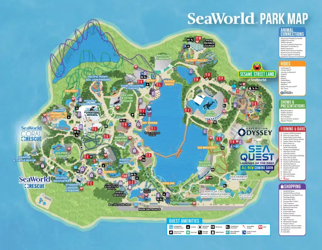 Mapa do SeaWorld Orlando com atrações, restaurantes, shows e áreas temáticas do parque